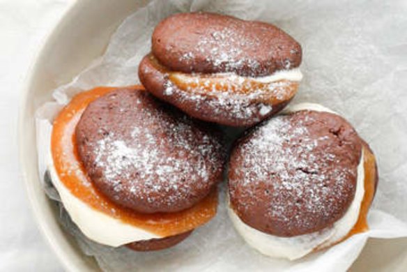 Chocolate whoopie pies with salted caramel.