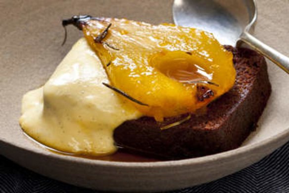 Chocolate loaf cake served with vanilla custard and saffron roasted pears.