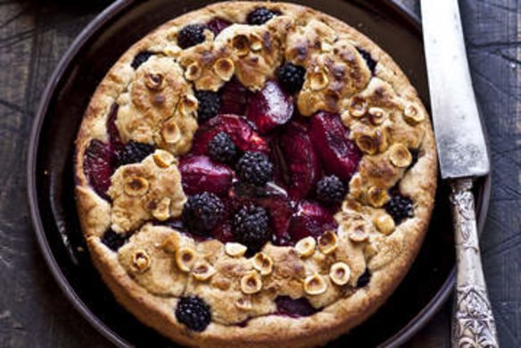 Plum, blackberry & hazelnut shortcake. Karen Martini PLUM recipes for Epicure and Good Food. Photographed by Marina Oliphant. Styling by CAROLINE VELIK. Photographed March 5th, 2013. The Age Newspaper and The Sydney Morning Herald.