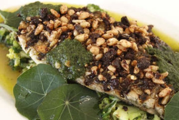 Elevating: Olive and pine nuts top grilled sea bream.