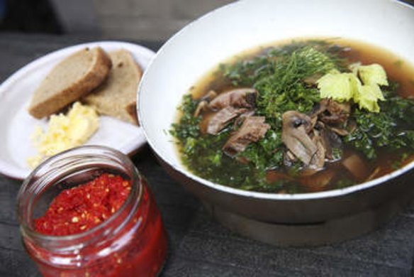 Beef broth with kale and mushrooms.