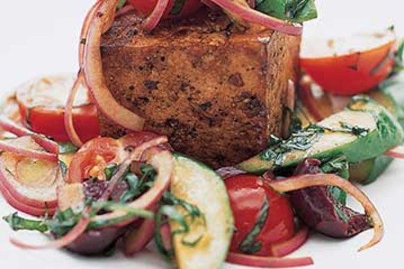 Marinated tofu steak and summer vegetable salad.