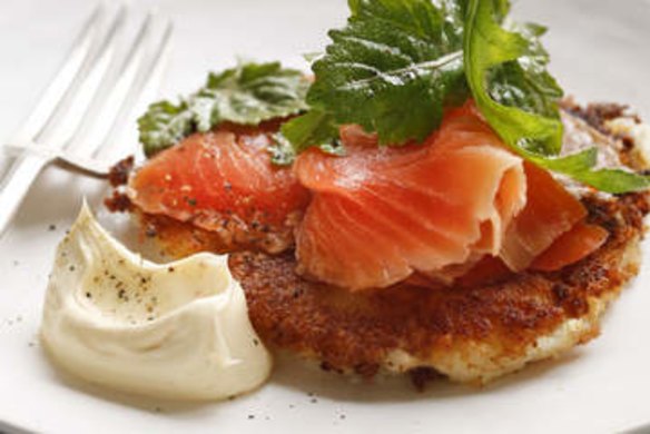 Mashed potato cakes with smoked trout.