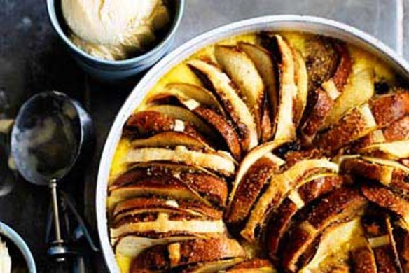 Hot cross bun pudding with apple.