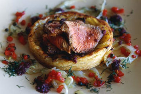 Spiced lamb loin with fennel, capsicum and onion tart.