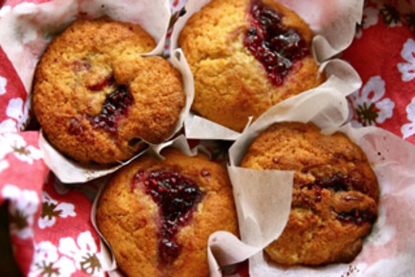 Raspberry Jam-drop Cornmeal Muffins