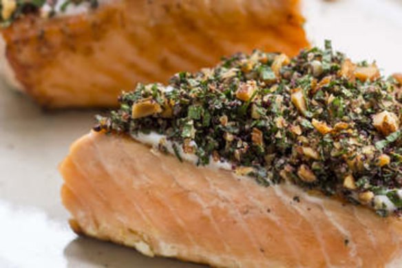 Barbecued salmon with tahini and herbs.