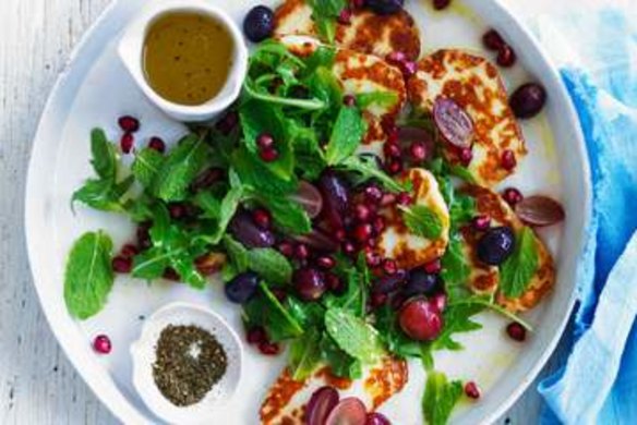 Neil Perry's warm haloumi salad with pomegranate and lemon dressing.