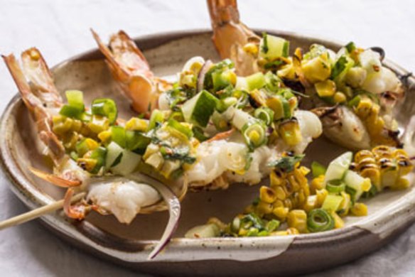 King prawns with chargrilled sweetcorn salsa.