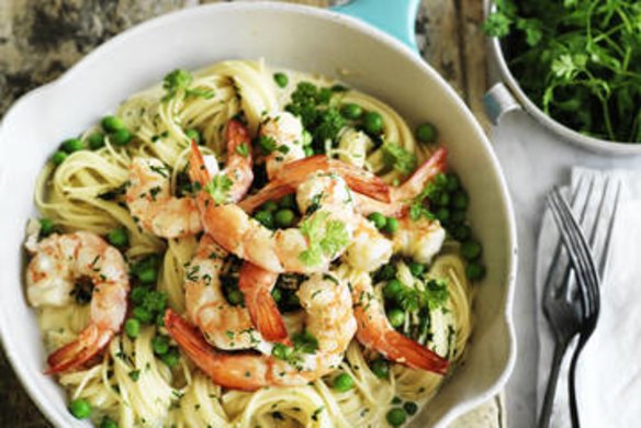 Angel hair pasta with prawn, pea and lemon sauce.