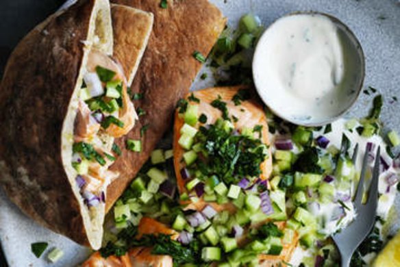 Speedy salmon pitas with hummus.