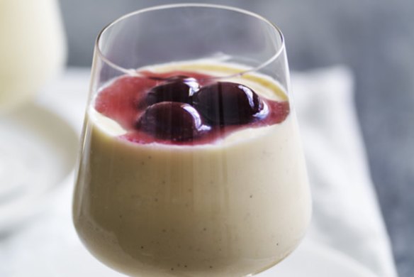 White-chocolate mousse with cherry compote