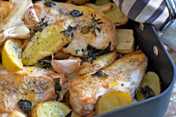 Baked chicken with parsnip and potato.