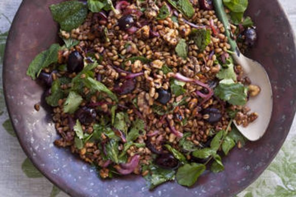 Karen Martini's salad of freekah with pickled red onion, fresh cherries toasted walnuts and mint.