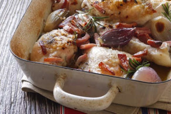 Quick roast chicken with white wine and shallots.