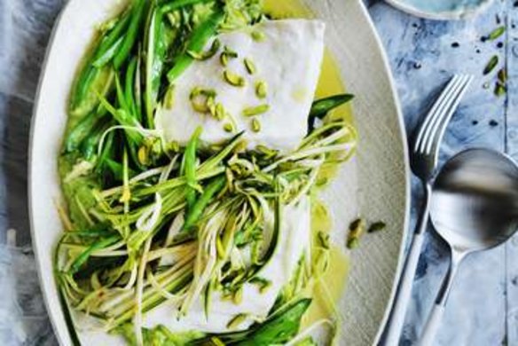 Steamed fish with spring greens