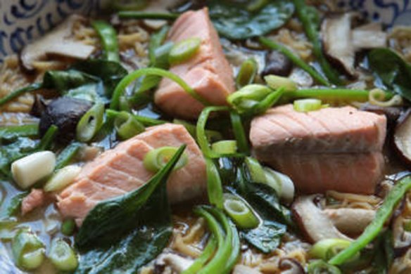 Salmon and miso noodle soup.