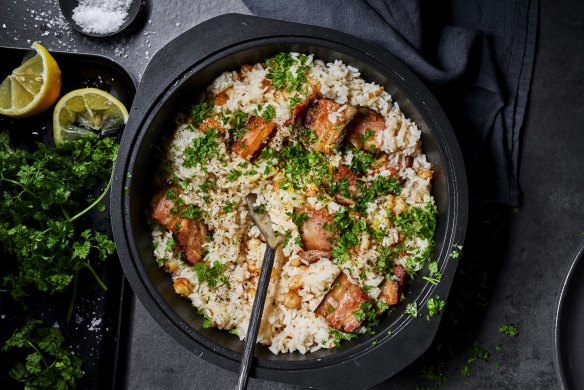 Crispy speck, prawn and lemon pilaf with herbs 