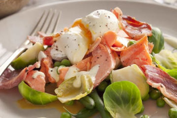 Hot smoked salmon, peas and a poached egg.