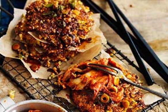 Pork and kimchi fritters with spicy soy dipping sauce.