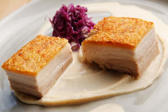 Pork belly, white bean puree and red cabbage at Stray Neighbour in Preston.
