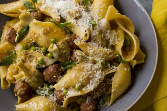 Conchiglie pasta with pork polpette and artichokes