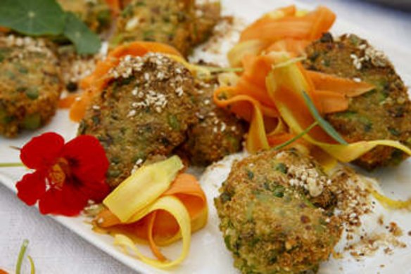 Pea, broad bean, feta and quinoa fritters.