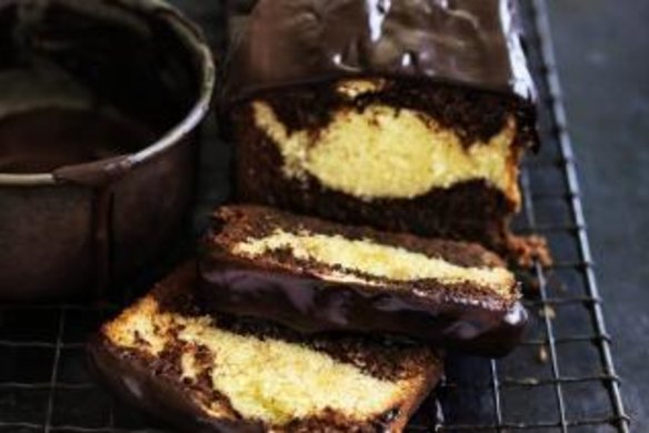 Coconut chocolate marble cake, with a chocolate bourbon glaze, by Dan Lepard.