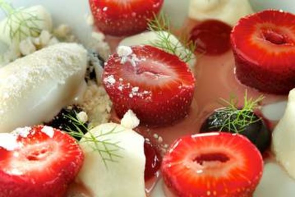 Parsnip ice-cream, strawberries and silky buttermilk curd.
