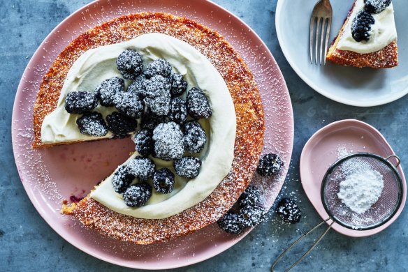 Blackberry and cornmeal torte served with whipped cream and extra berries.