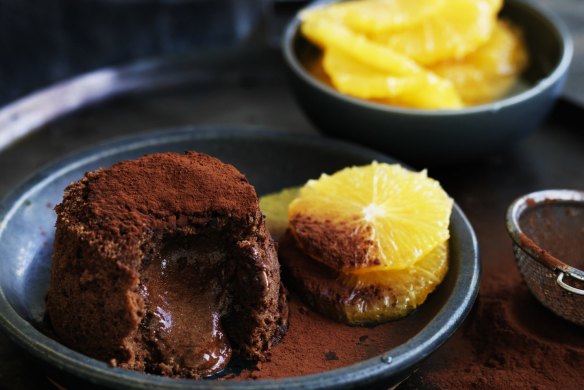 Chocolate fondant cake with Grand Marnier poached oranges.