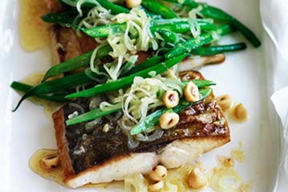 Kingfish with green beans, hazelnuts and brown butter.
