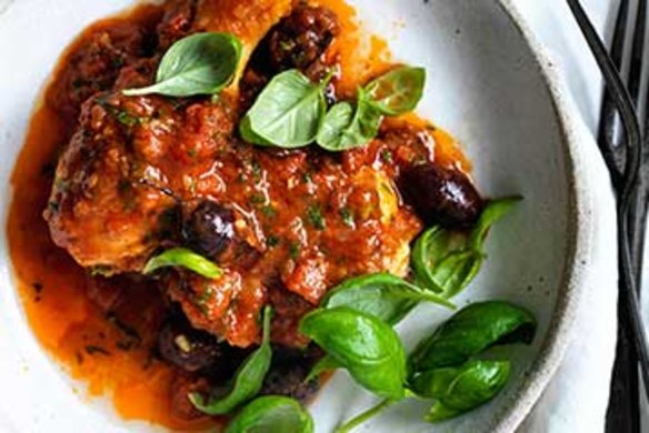 Provencal chicken with tomato and olive sauce.