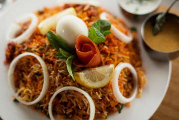 The chicken 65 biryani is a specialty.