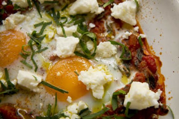 Baked eggs, spiced tomato and feta.