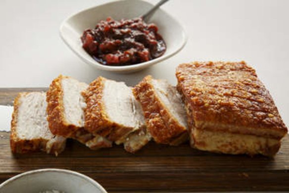 Pork belly with rhubarb chutney, Frank Camorra.