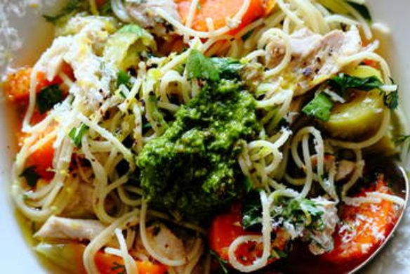 Italian chicken noodle soup with pesto