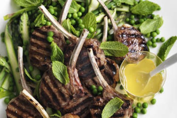 Barbecued lamb cutlets with mint sauce.