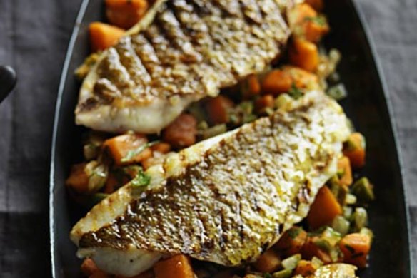 Grilled snapper fillets with spiced sweet potato salad and yoghurt