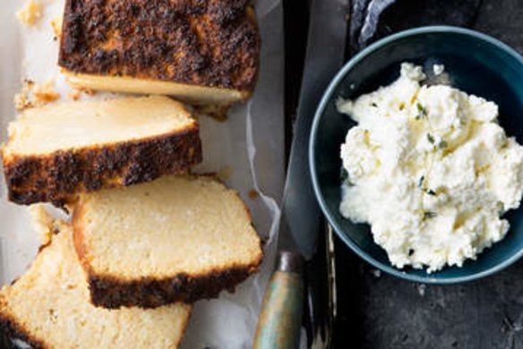 Lemon, poppyseed cake served with homemade ricotta.