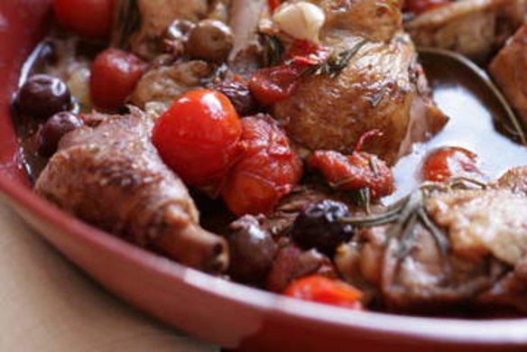 Chicken fricassee with rosemary & cherry tomatoes.