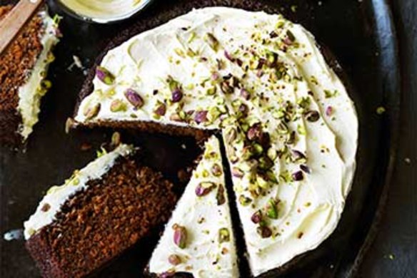 Ginger cake with lemon and pistachio icing,