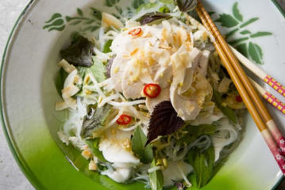 Poached chicken salad with young coconut, vermicelli and Vietnamese mint.