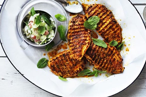 Grilled chicken breast with cucumber and yoghurt relish.