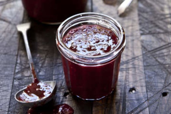 Spiced blood plum sauce. Karen Martini PLUM recipes for Epicure and Good Food. Photographed by Marina Oliphant. Styling by Andrea Geisler. Photographed March 5th, 2013. The Age Newspaper and The Sydney Morning Herald.