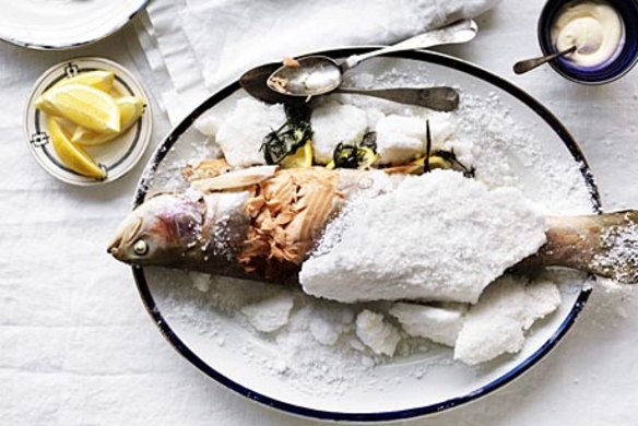 Whole salt-baked ocean trout