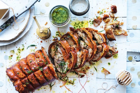 Ben Milgate and Elvis Abrahanowicz's Christmas centrepiece: Porchetta, served with chimichurri (top).