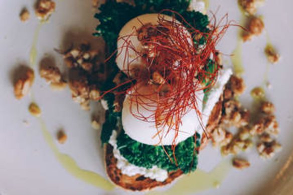 Poached eggs with spiced goat's curd and 'chilli hair' at Square and Compass.