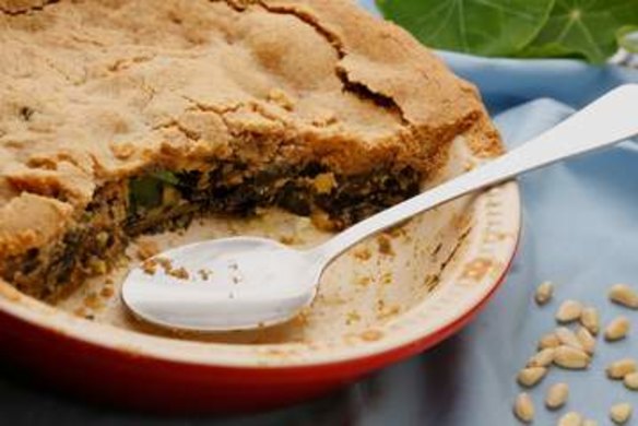 Winter greens pie with nut pastry.