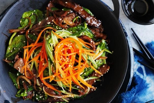 Bibimbap with beef and onions; great served with a fried egg on top